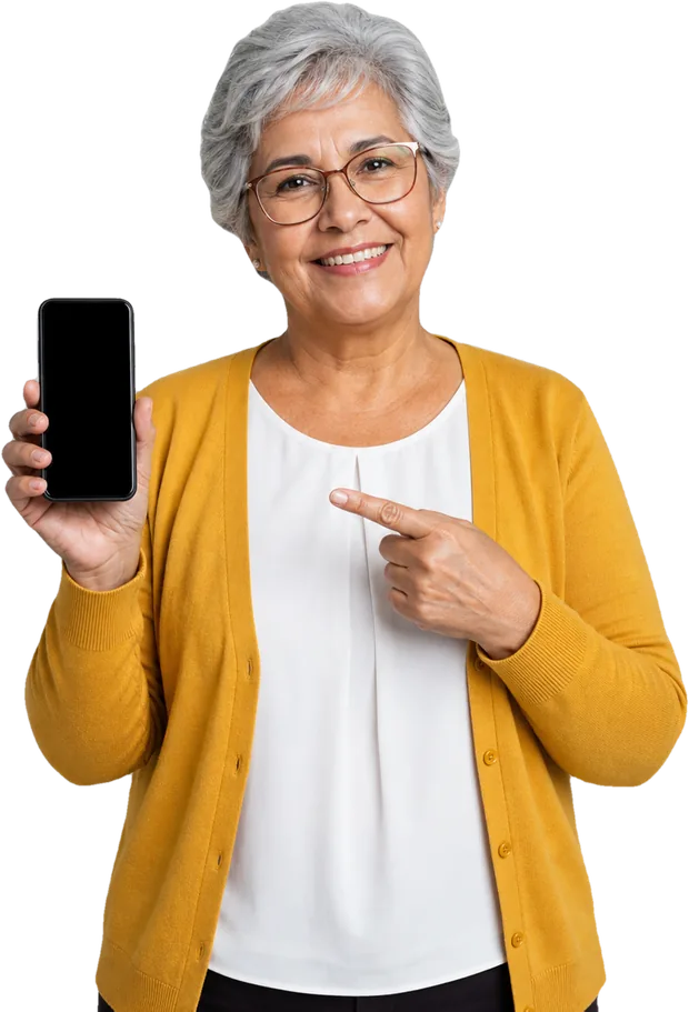 Servidora aposentada sorrindo com o celular na mão — imagem ilustrativa gerada por computador