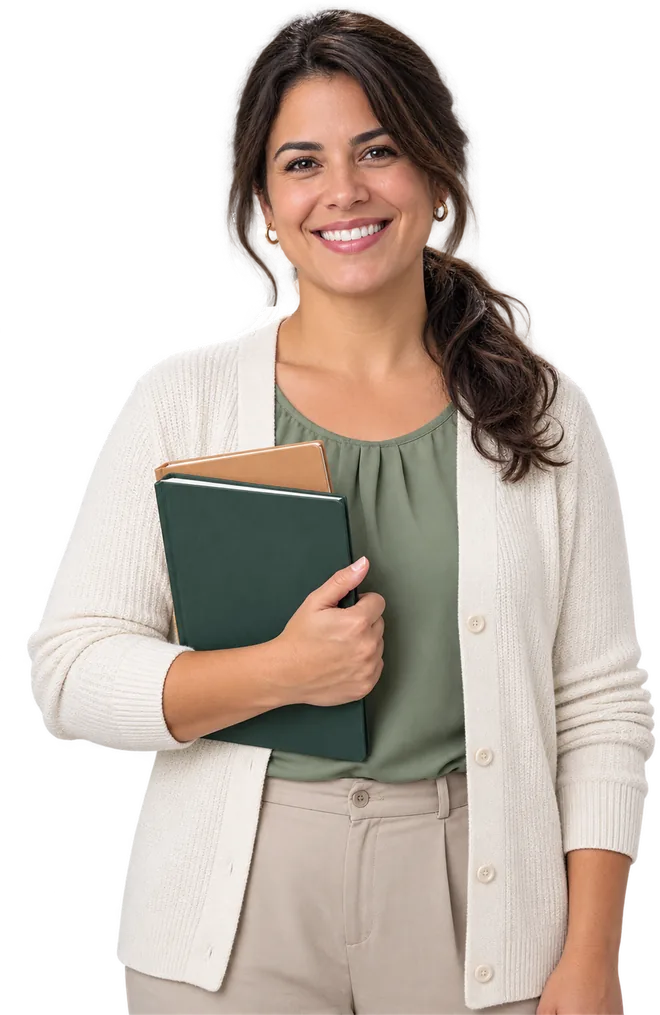 Professora sorrindo com os cadernos no braço — imagem ilustrativa gerada por computador