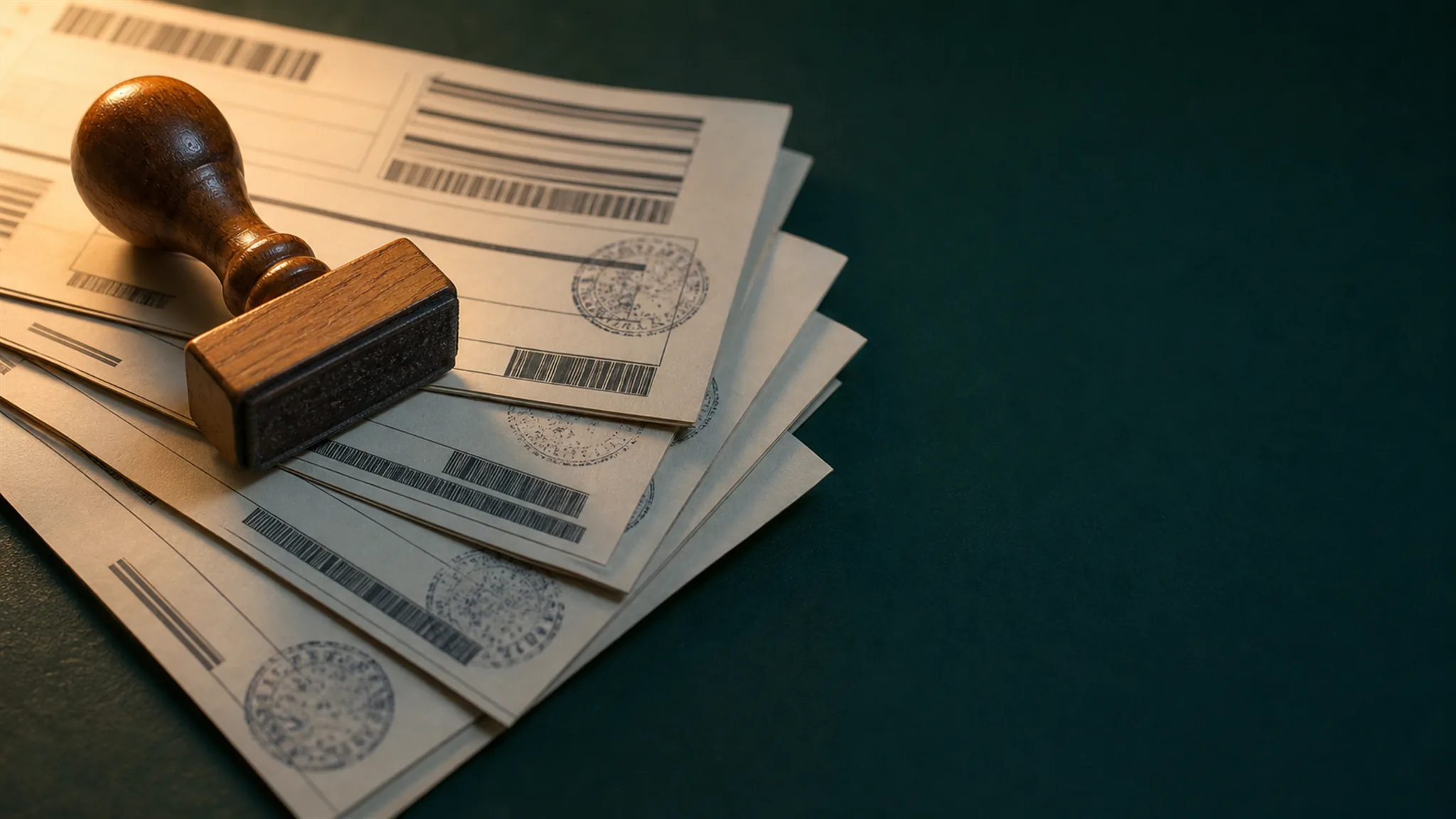 Carimbo oficial sobre uma pilha de guias de pagamento já carimbadas