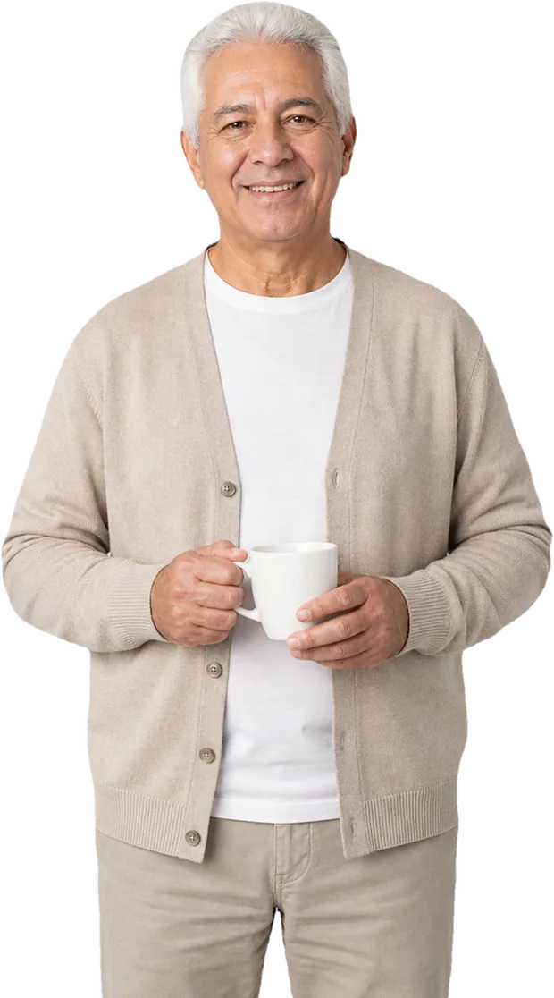 Aposentado tranquilo com uma xícara de café — imagem ilustrativa gerada por computador