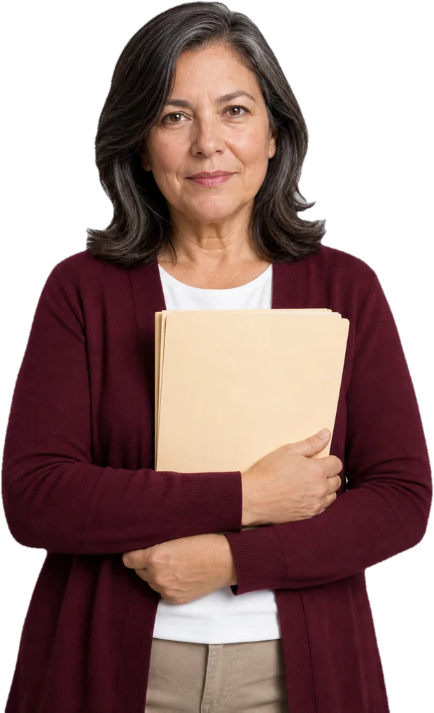 Mulher segurando uma pasta de documentos junto ao peito — imagem ilustrativa gerada por computador