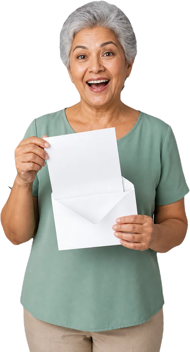 Aposentada sorrindo com um envelope aberto nas mãos — imagem ilustrativa gerada por computador