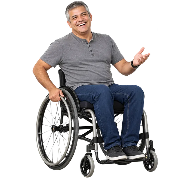 Homem rindo em cadeira de rodas — imagem ilustrativa gerada por computador