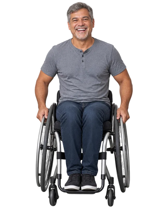 Homem rindo em cadeira de rodas, visto de frente e com a cadeira inteira — imagem ilustrativa gerada por computador
