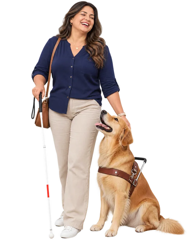 Mulher rindo com bengala branca e cão-guia ao lado, símbolos da deficiência visual — imagem ilustrativa gerada por computador