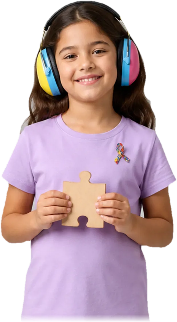 Menina sorrindo com fones de proteção auditiva e a fita símbolo do autismo na camiseta — imagem ilustrativa gerada por computador