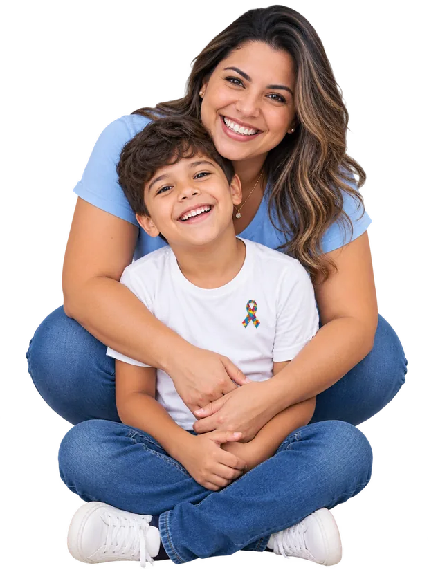 Mãe abraçando o filho, que veste uma camiseta com a fita símbolo do autismo — imagem ilustrativa gerada por computador