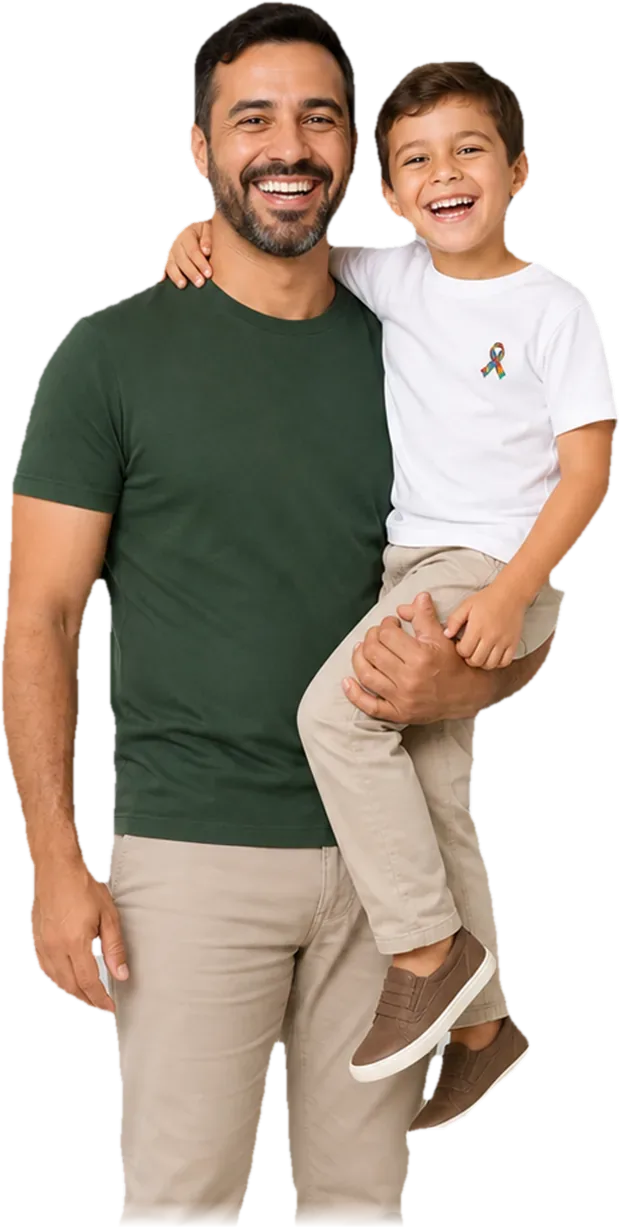 Pai carregando o filho no colo, o menino com a fita símbolo do autismo na camiseta — imagem ilustrativa gerada por computador